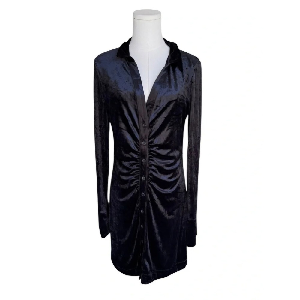 Free People Shayla M mini dress black button up velvet ruched long sleeve Y2K - Picture 5 of 13